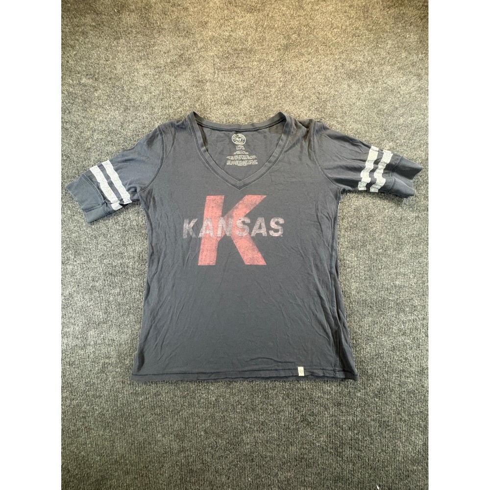 47 Brand Kansas Jayhawks V-Neck T-Shirt Gray Large Distressed Graphic Tee